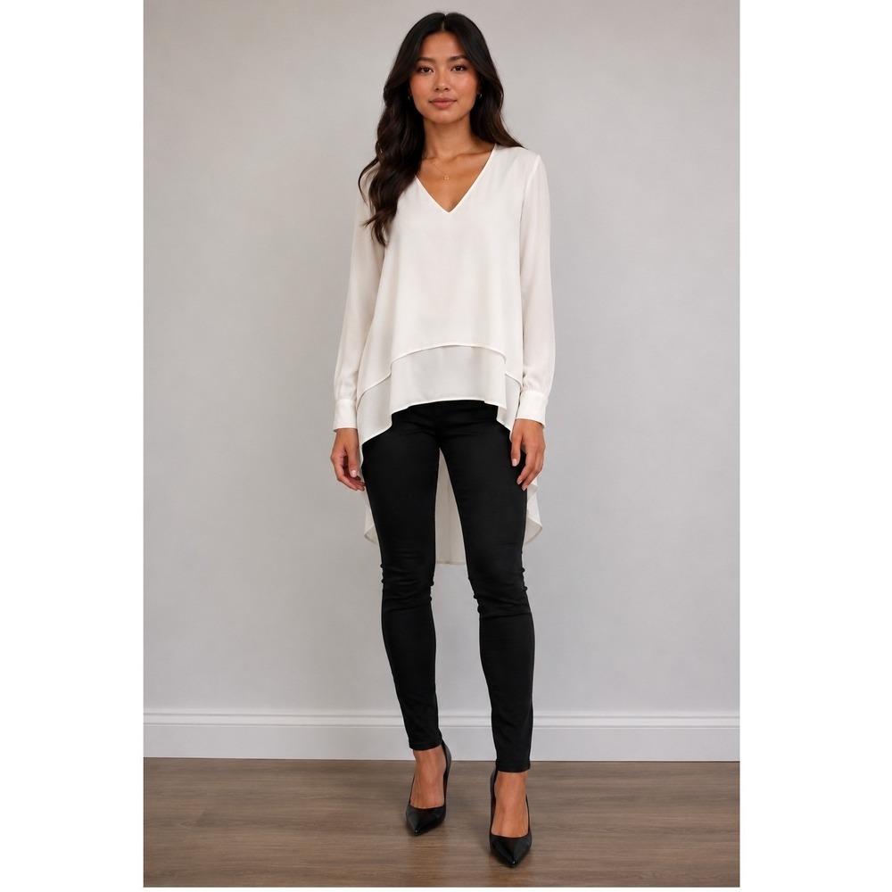 White House Black Market Ivory Layered Tunic Blouse Hi Low V Neck Small